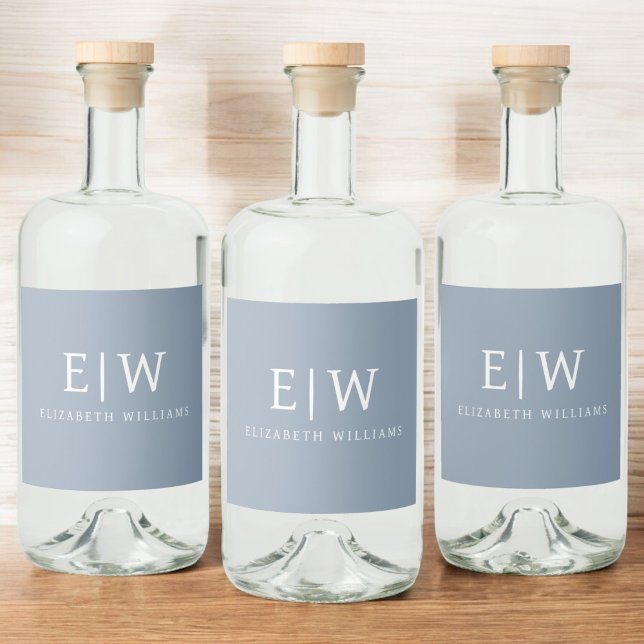Dusty Blue Minimalist Modern Monogram Elegant Liquor Bottle Label (Creator Uploaded)