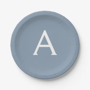 Dusty Blue Minimalist Modern Monogram Elegant  Paper Plate