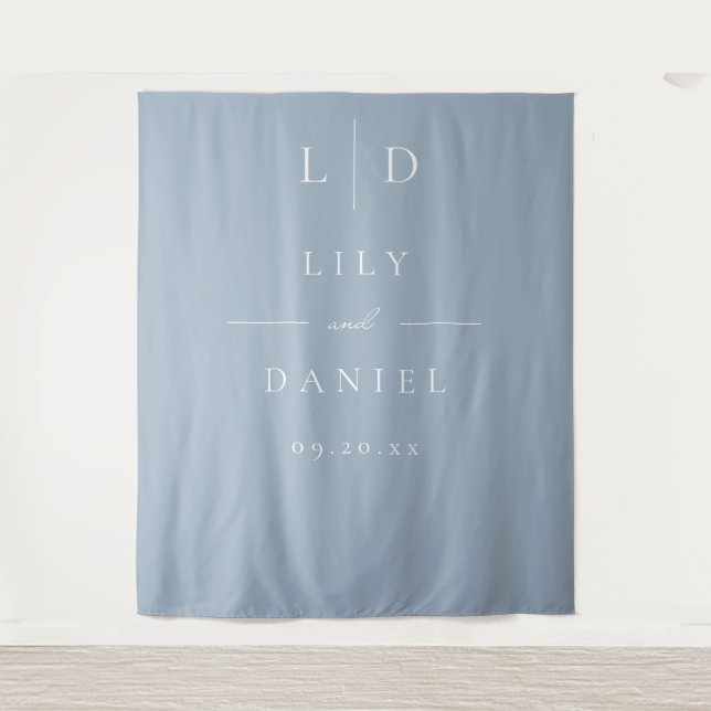 Dusty Blue Minimalist Monogram Wedding Backdrop Tapestry (Front)