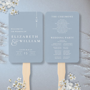 Dusty Blue Minimalist Monogram Wedding Program Hand Fan