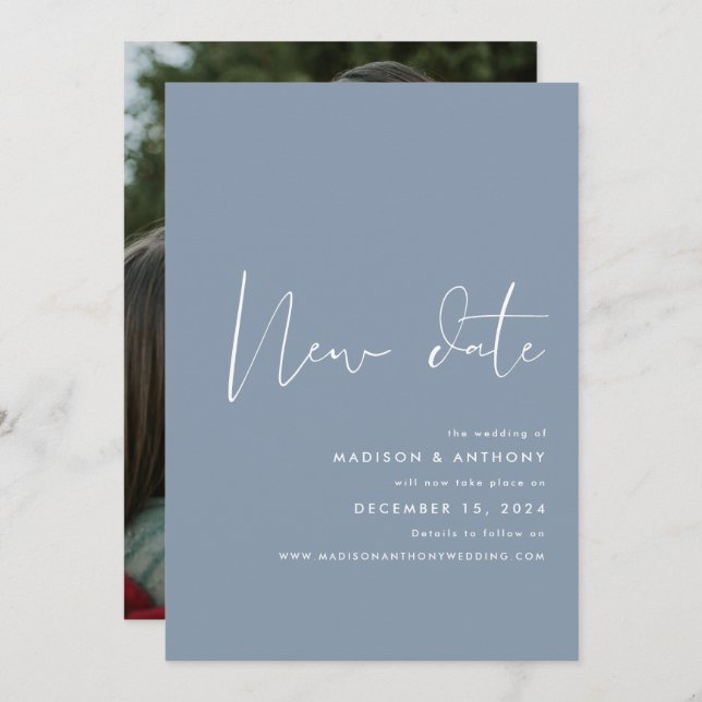 Dusty Blue Minimalist Photo New Date Wedding Announcement (Front/Back)