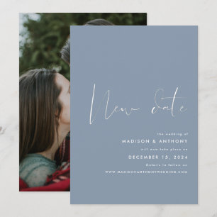 Dusty Blue Minimalist Photo New Date Wedding Announcement