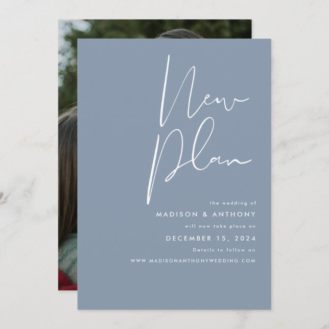 Dusty Blue Minimalist Photo New Plan Wedding Announcement (Front/Back)