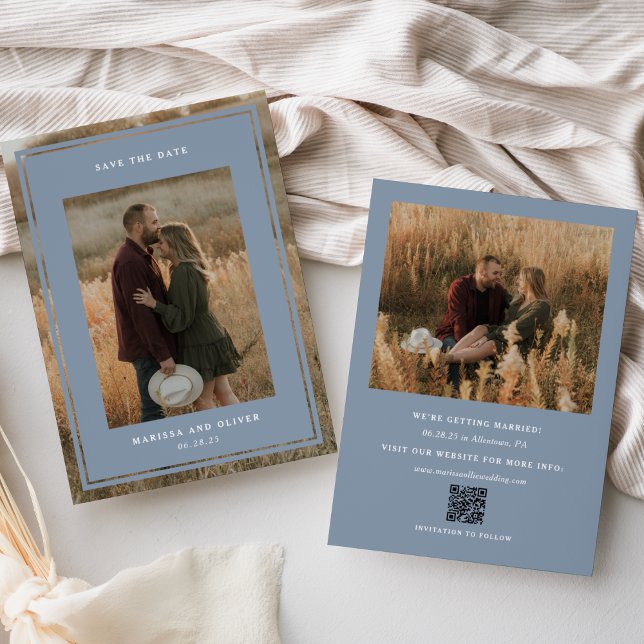 Dusty Blue Minimalist Photo QR Website Wedding Save The Date (Creator Uploaded)