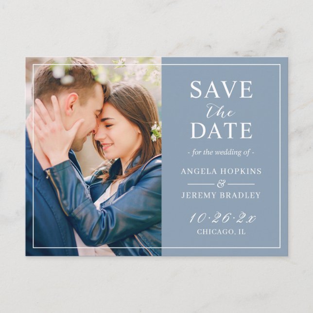 Dusty Blue Minimalist  Photo Save the Date Postcard (Front)