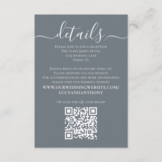 Dusty Blue Minimalist QR Code Calligraphy Details  Enclosure Card (Front)