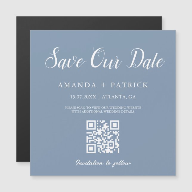 Dusty Blue Minimalist QR Code Save The Date Magnet (Front/Back)