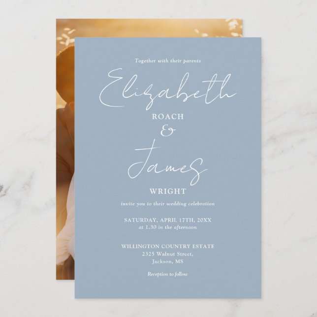 Dusty Blue Minimalist Script Photo Wedding Invitation (Front/Back)