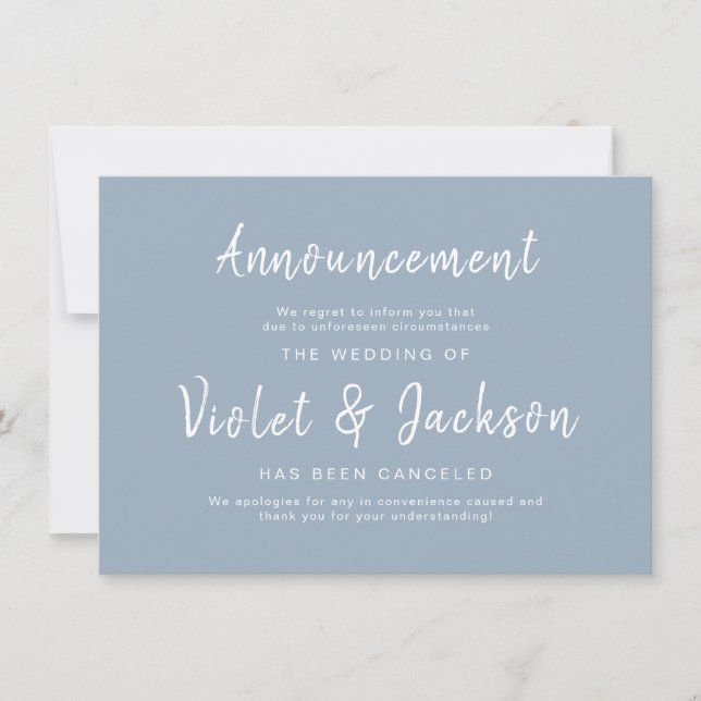 Dusty Blue minimalist script wedding cancellation Invitation (Front)