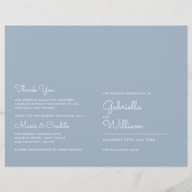Dusty Blue Minimalist Script Wedding Program (Front)