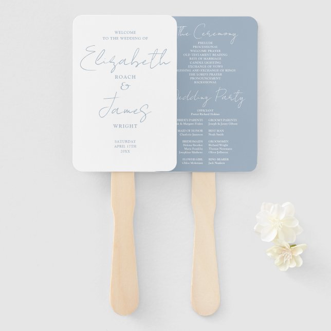 Dusty Blue Minimalist Script Wedding Program Hand Fan (Front and Back)