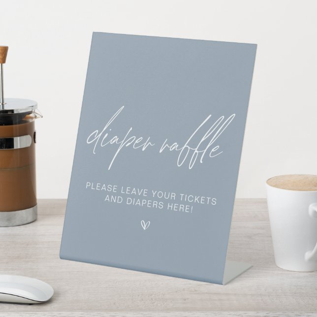 Dusty Blue Minimalist Shower Diaper Raffle Pedestal Sign (In SItu)