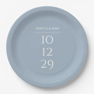 Dusty Blue Minimalist Special Date Wedding Paper Plate