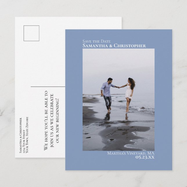 Dusty Blue Minimalist Wedding Photo Save The Date Announcement Postcard (Front/Back)