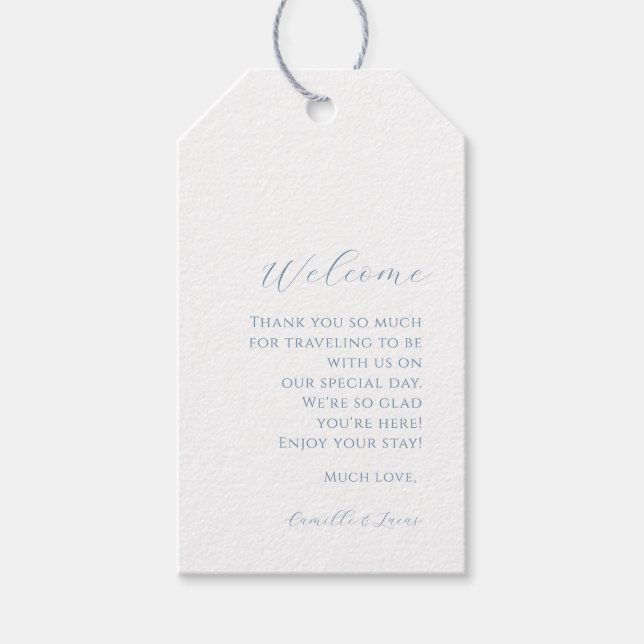 Dusty blue minimalist Wedding Welcome Gift Tags (Front)