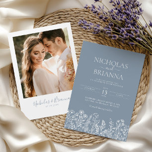 Dusty Blue Minimalist Wildflower Wedding Photo Invitation