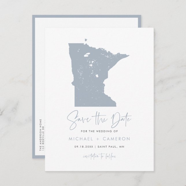 Dusty Blue Minnesota Map QR Code Save the Date Announcement Postcard (Front/Back)