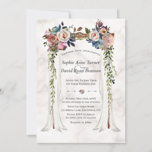 Dusty Blue Misty Flowers Canopy Marble Wedding Invitation (Front)