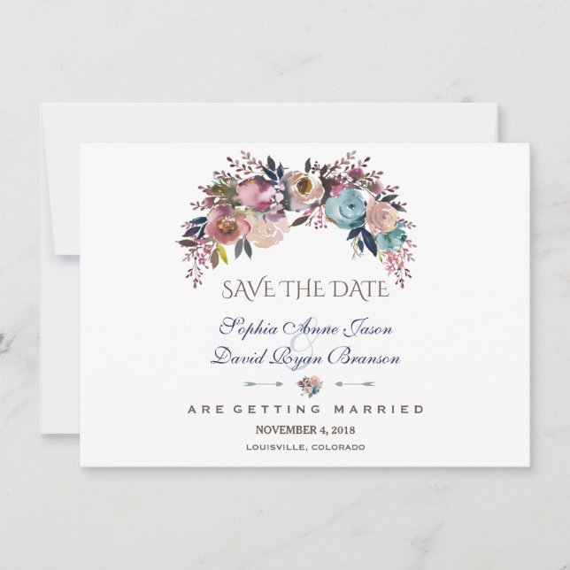 Dusty Blue Misty Rose Bouquet Save The Date (Front)