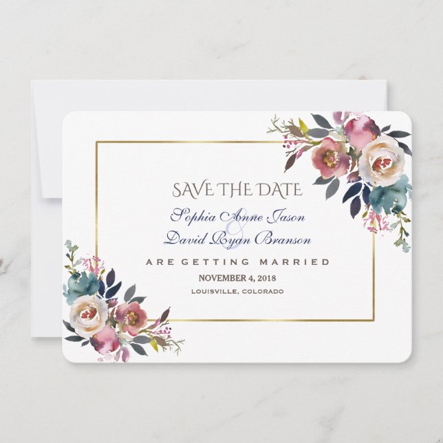 Dusty Blue Misty Rose Floral Save The Date (Front)