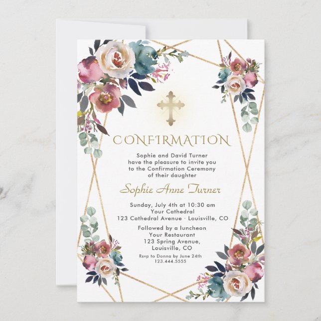 Dusty Blue Misty Rose Flowers Gold Confirmation Invitation (Front)