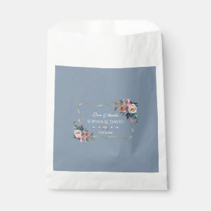 Dusty Blue Misty Rose Flowers Gold Wedding Favour Bag