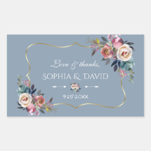 Dusty Blue Misty Rose Flowers Gold Wedding Rectangular Sticker