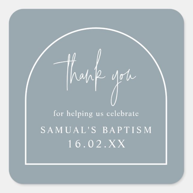 Dusty Blue Modern Arch Minimal Christening Favour  Square Sticker (Front)