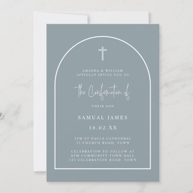 Dusty Blue Modern Arch Script Minimal Confirmation Invitation (Front)