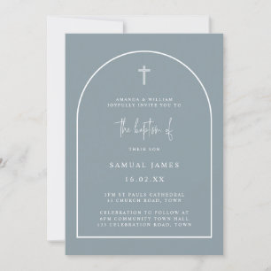 Dusty Blue Modern Arch Script Minimalist Baptism Invitation