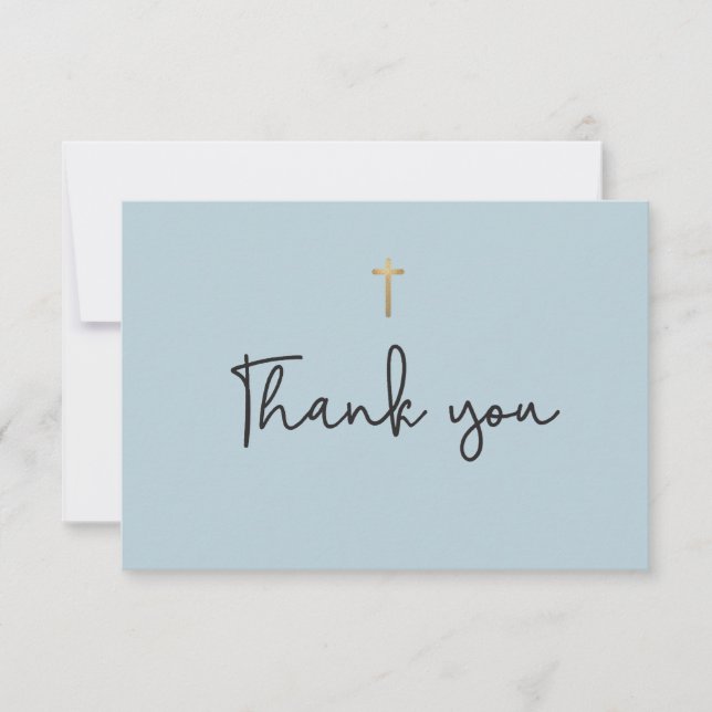 Dusty Blue Modern Baptism Baby thank you card (Front)