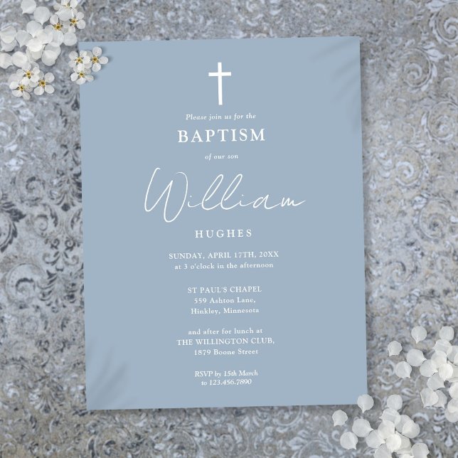 Dusty Blue Modern Baptism Christening Invitation Postcard (Creator Uploaded)
