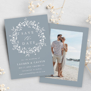 Dusty Blue Modern Boho Wildflower Wedding Photo Save The Date