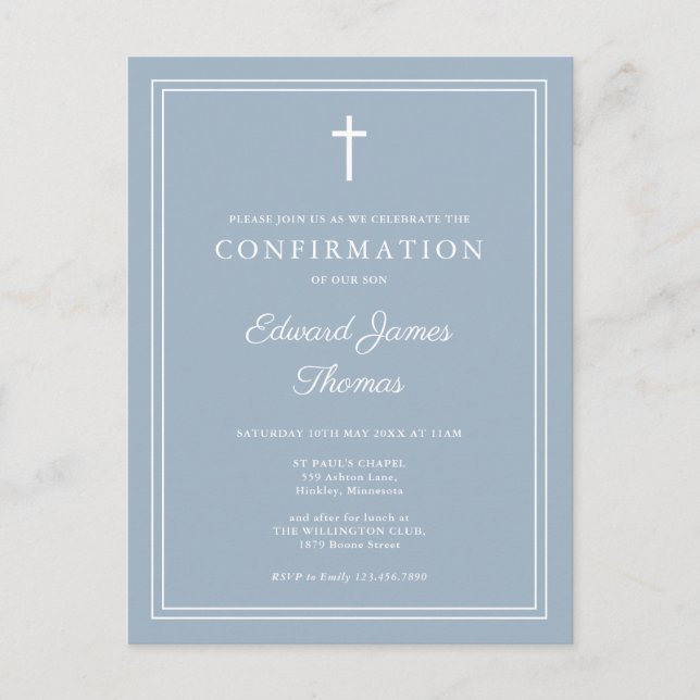 Dusty Blue Modern Border Confirmation Invitation Postcard (Front)