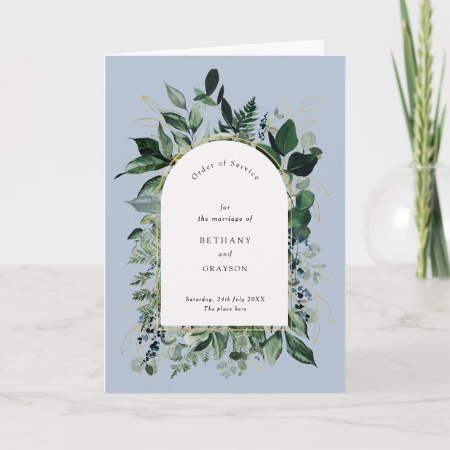 Dusty Blue Modern Botanic greenery wedding bifold Program (Front)