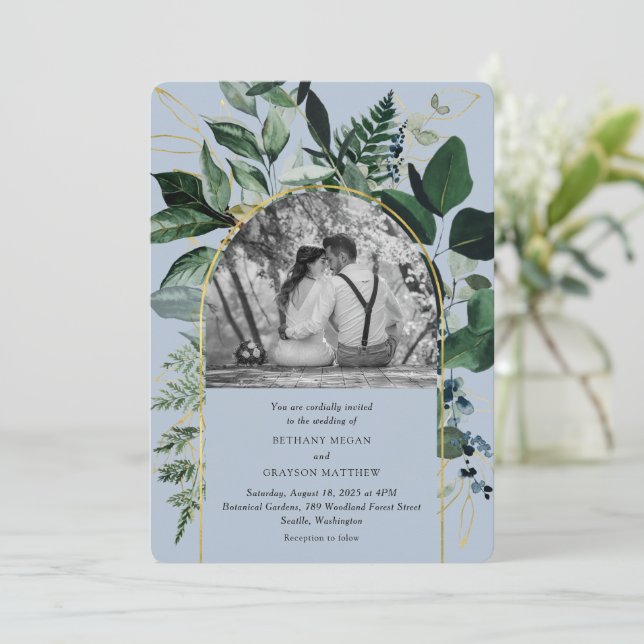 Dusty blue Modern Botanical Greenery photo wedding Invitation (Standing Front)