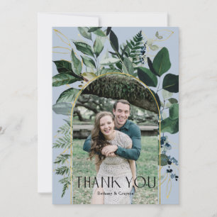 Dusty Blue Modern Botanical Greenery photo wedding Thank You Card