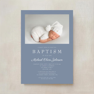 Dusty Blue Modern Boy Photo Baptism  Invitation