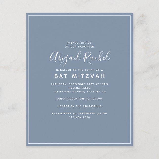 Dusty Blue Modern Budget Bat Mitzvah Invitation (Front)