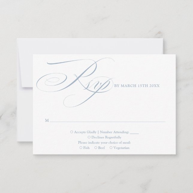 Dusty Blue Modern Chic Elegant Script Wedding RSVP Card (Front)