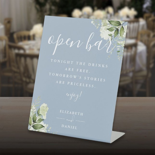 Dusty Blue Modern Elegant Greenery Floral Open Bar Pedestal Sign (Dusty Blue Modern Elegant Greenery Floral Open Bar Pedestal Sign)