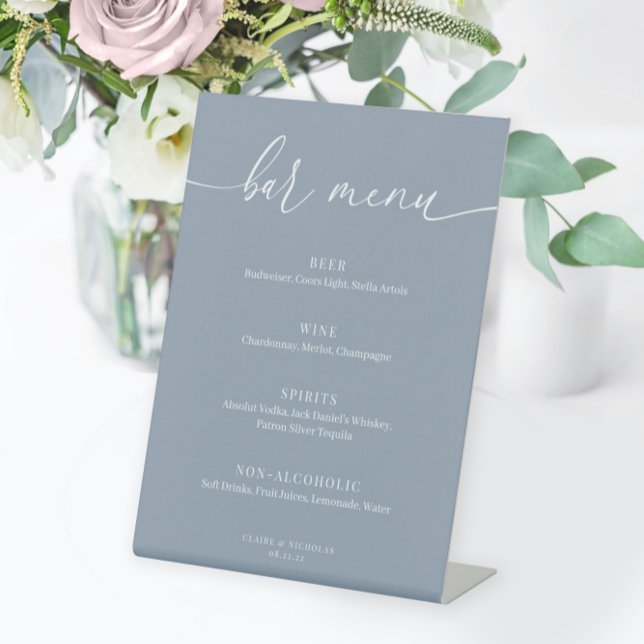 Dusty Blue Modern Elegant Wedding Bar Menu Pedestal Sign (Creator Uploaded)