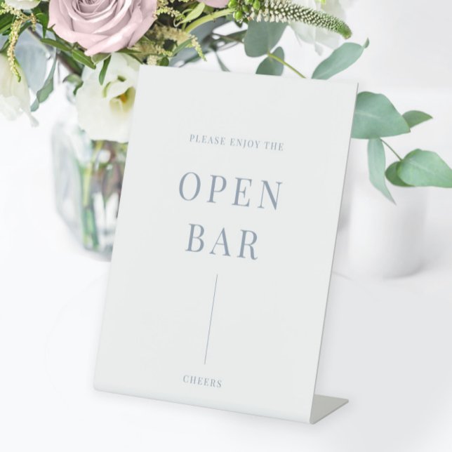 Dusty Blue Modern Elegant Wedding Open Bar Pedestal Sign (Creator Uploaded)