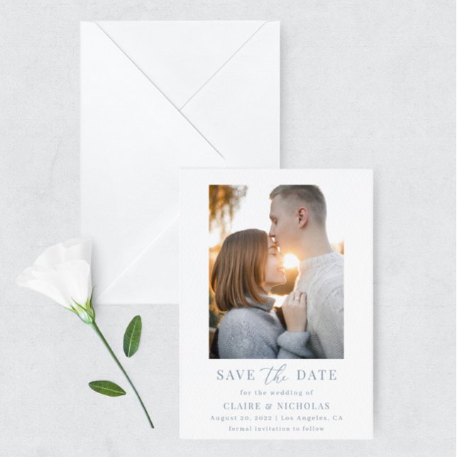 Dusty Blue Modern Elegant Wedding Photo Save The Date (Creator Uploaded)