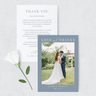 Dusty Blue Modern Elegant Wedding Photo Thank You Card