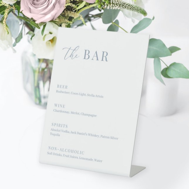 Dusty Blue Modern Elegant Wedding The Bar Menu Pedestal Sign (Creator Uploaded)