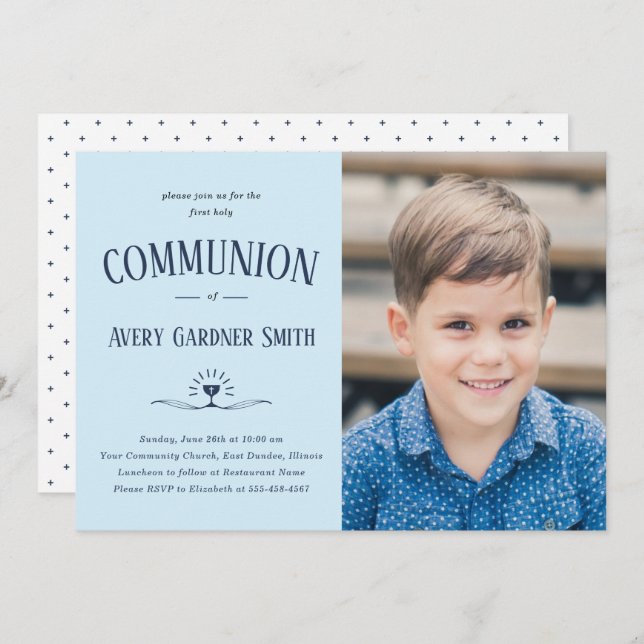 Dusty Blue Modern First Holy Communion Boy Photo  Invitation (Front/Back)