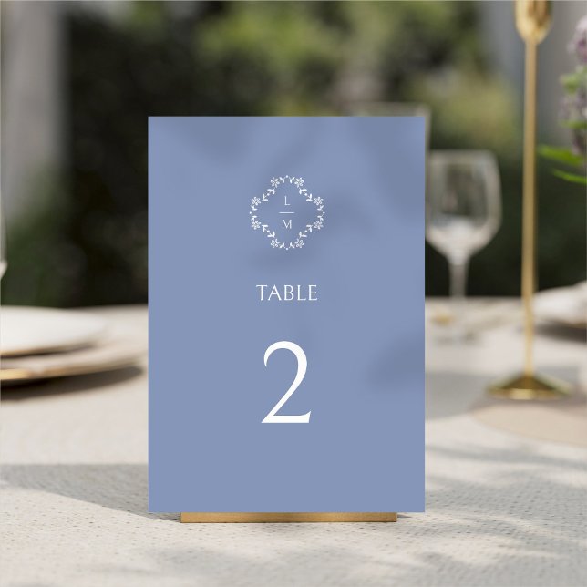 Dusty Blue Modern Floral Monogram Wedding  Table Number (Creator Uploaded)