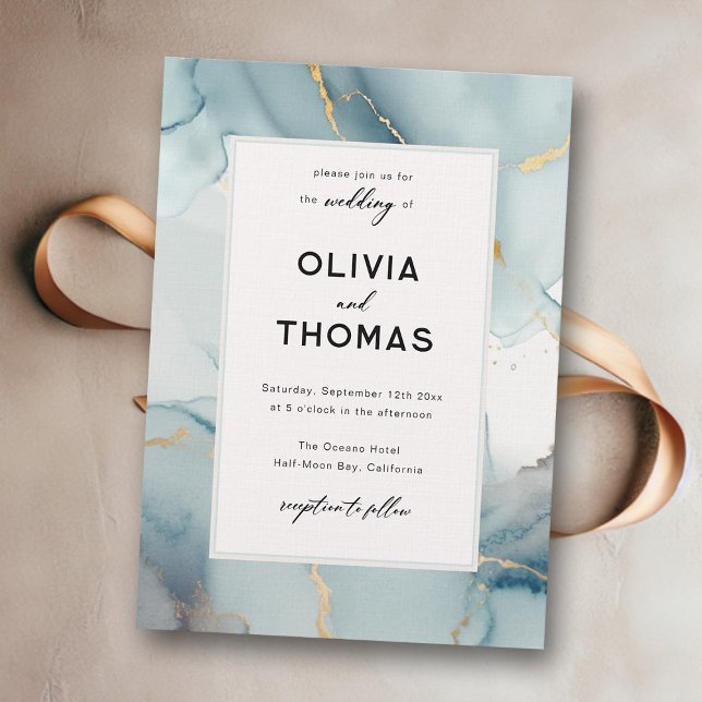 Dusty Blue Modern Frame Elegant Chic Beach Wedding Invitation (dusty blue wedding invitation beach waves gold modern elegant bohemian romantic chic calligraphy)