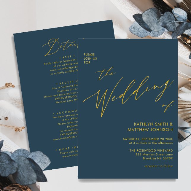 Dusty Blue Modern Gold Script All In One Wedding Invitation (Creator Uploaded)